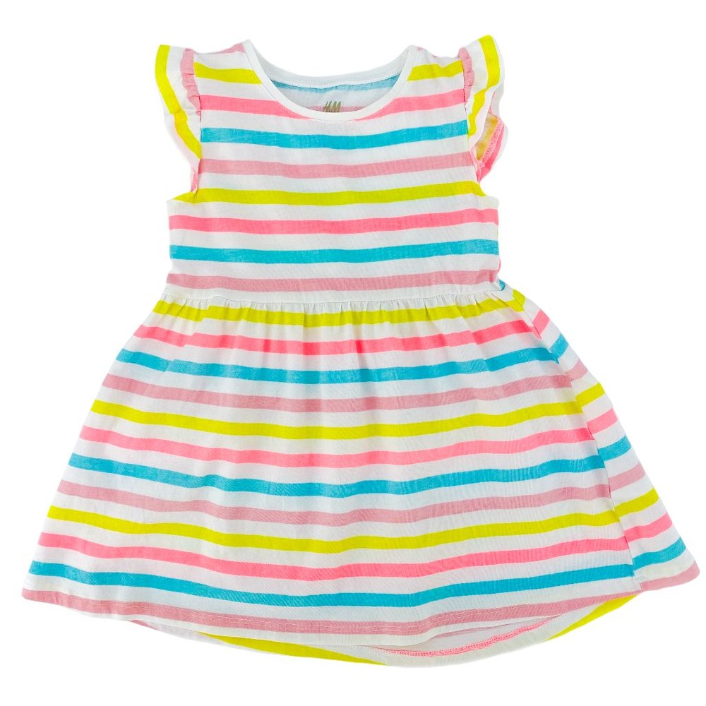 H&M KIDS Organic Cotton Multi-Stripe Flutter Sleeve Dress Size 1 1/2 -2Y